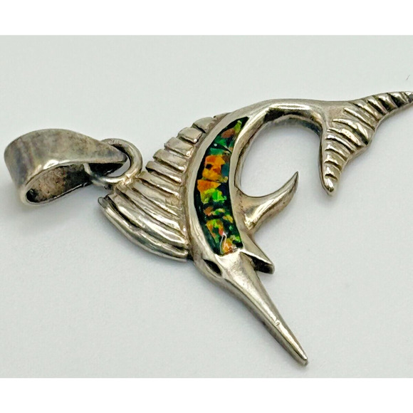 Vintage Sterling Silver Sailfish .925 Pendant Charm With Opal Stone 4.11 G - Picture 4 of 5